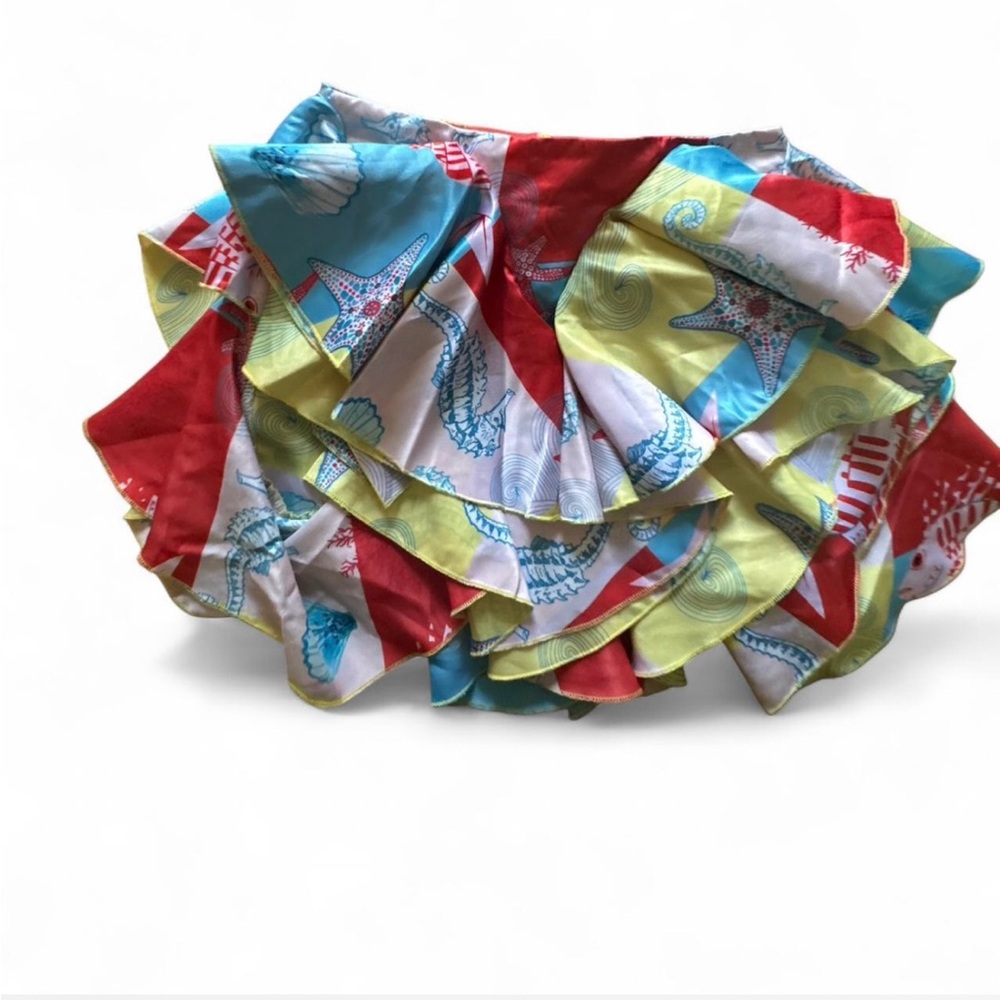 Colorful Ruffled Mini Skirt - Red, Turquoise & Yellow Shell Print - Picture 4 of 6